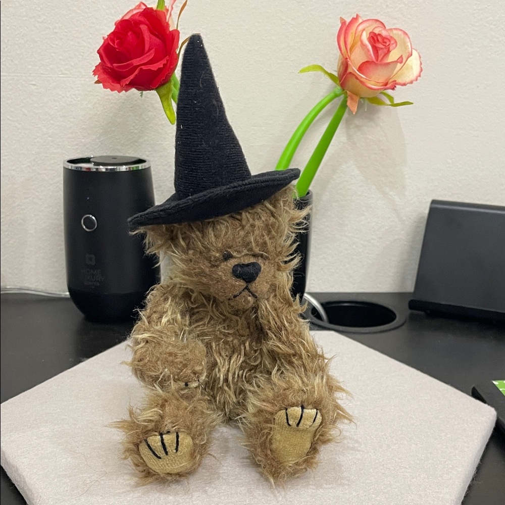 Plush Brown Teddy Bear with Black Witch Hat - Decorative Accent. 1993